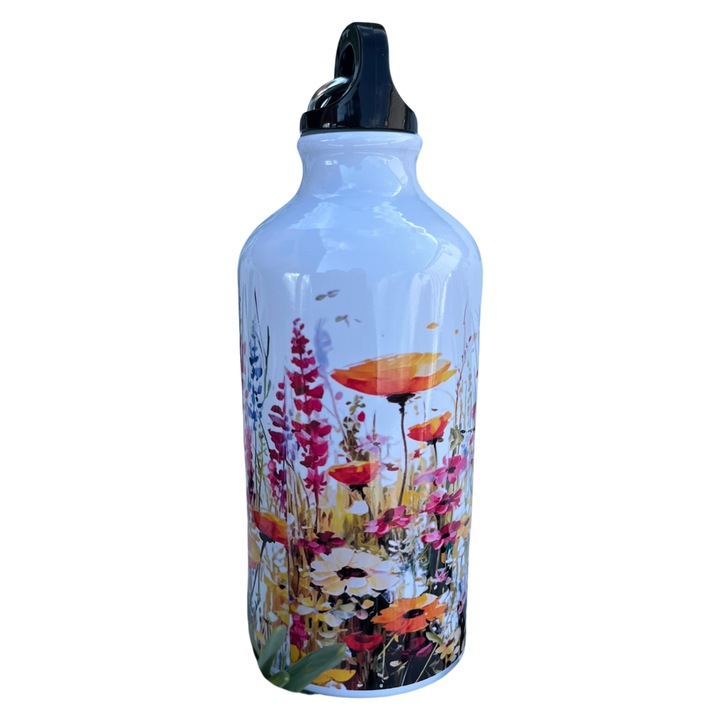 Fehér fém sportpalack, 500ml, virágmintás
