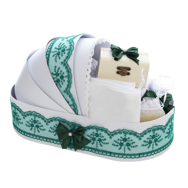 Trusou simplu tip landou pentru botez de baieti, verde, 8 piese, Recostore®, REC5005/26