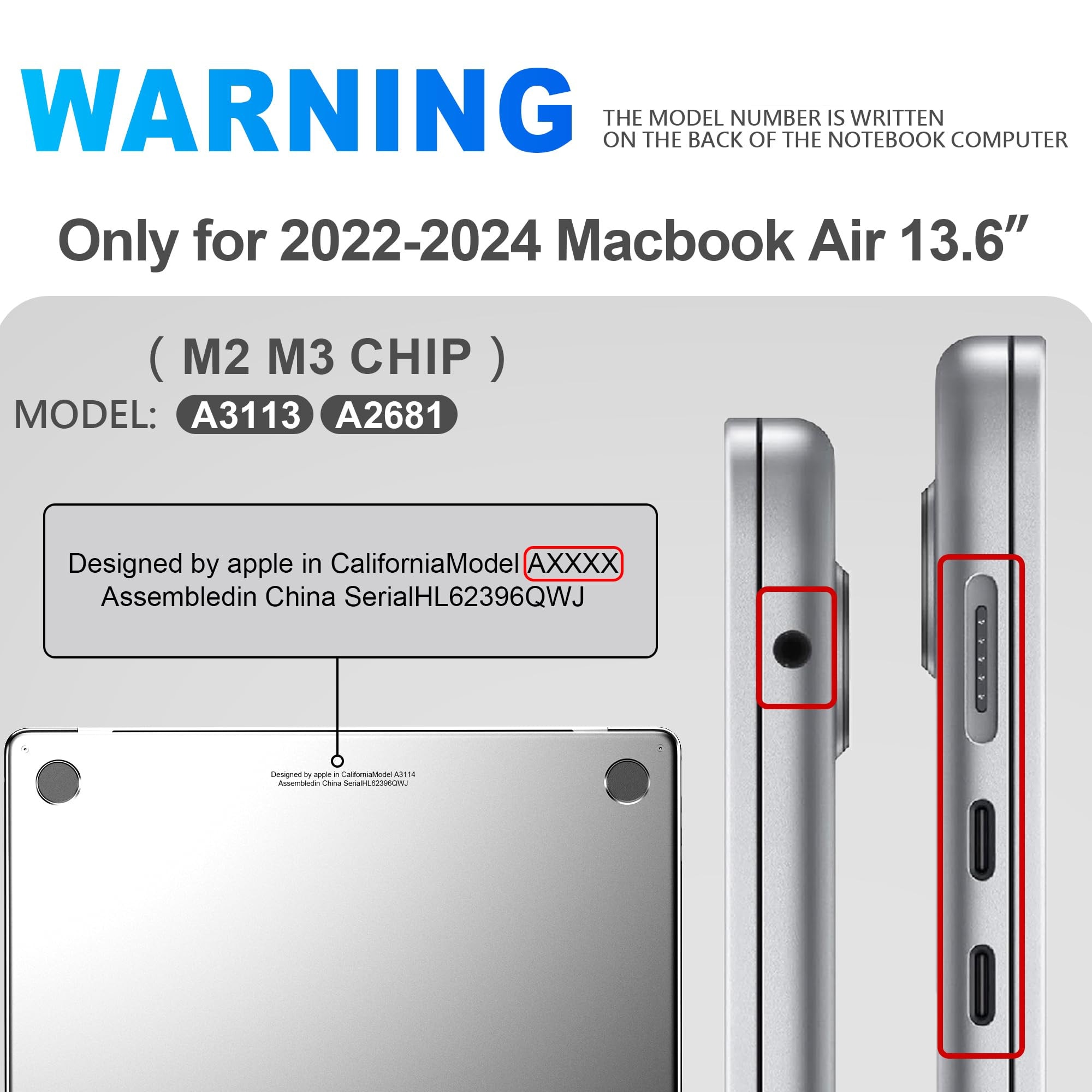 Husa de protectie pentru MacBook Air 13.6 inch, Omelivon®, set cu folie de protectie pentru tastatura si adaptor Type C la USB 3.0, potrivita pentru versiunile 2025, 2024, 2023, 2022, M4 M3 M2, A3240, A3113, A2681, transparent