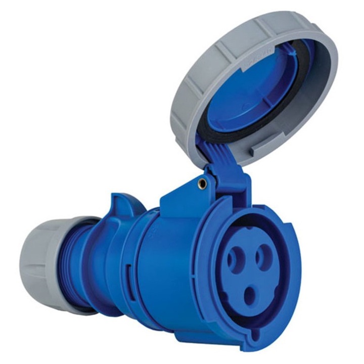 Priza industriala monofazica mobila pe cablu 3 poli 2P+E 32A 6h 230 V (50+60 Hz) albastra IP67