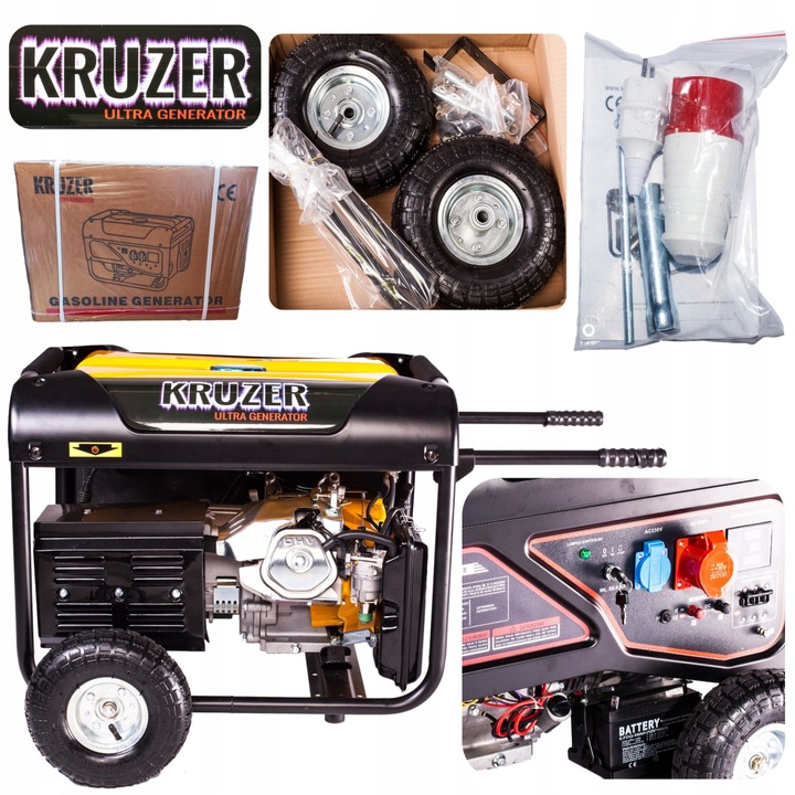 Generator electric, Kruzer, Tht8000e, 6, 5 kw, Trifazat, Benzina, Cu manere si roti de transport, Cadru metalic, 420 cm³, Rezervor de combustibil de 25 l, 2 moduri de pornire, 76 db, IP24, Pentru utilizare industriala