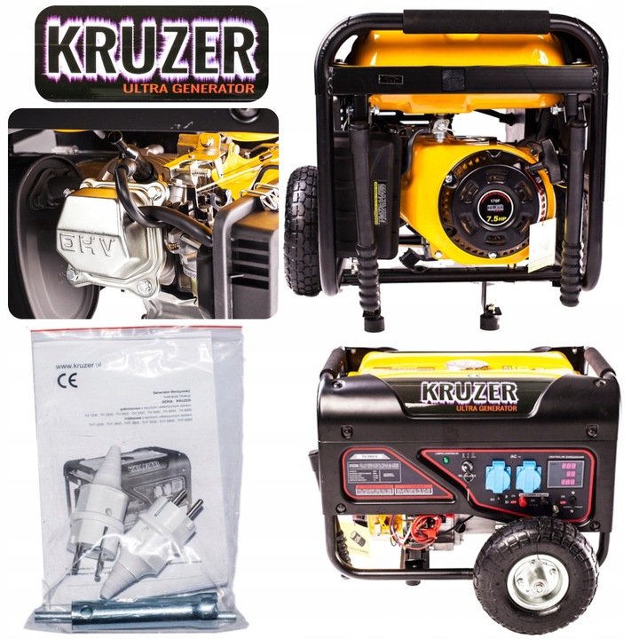 Generator electric, Kruzer, Th3900e, 2, 8 kw, Monofazat, Cu sistem avr, Motor in 4 timpi, Capacitate motor 208 cm³, Culoare maro, Cadru metalic pe roti, 2 prize 230 V, Timp de functionare 10 h, Nivel de zgomot 69 db