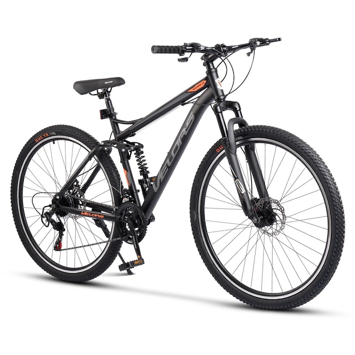 Bicicleta MTB de munte Velors Matador JSX2960, Shimano, suspensie fata/spate Genius, roata 29 inch, franare pe disc, 21 viteze, negru cu portocaliu