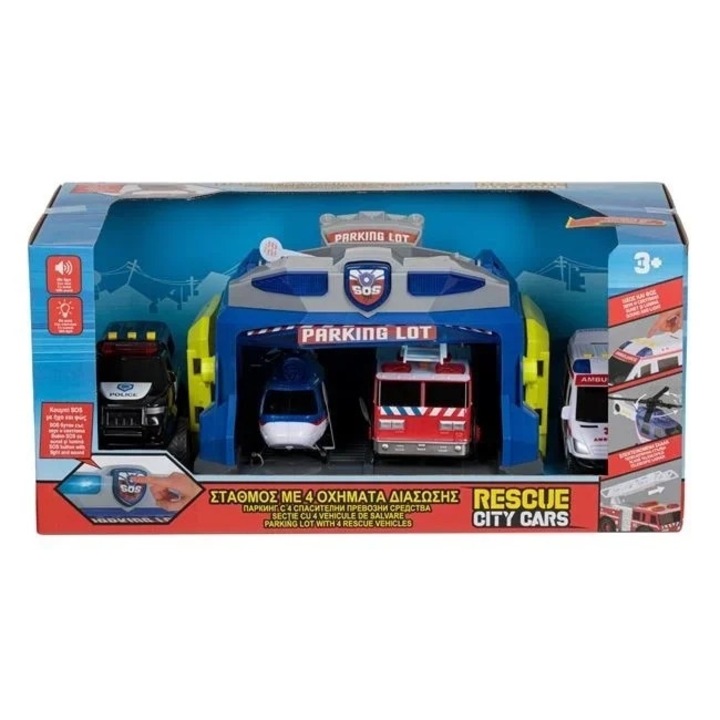 Statie cu 4 vehiule de salvare, Welora, cu sunet si lumini, buton SOS, 51x25x23cm, multicolor