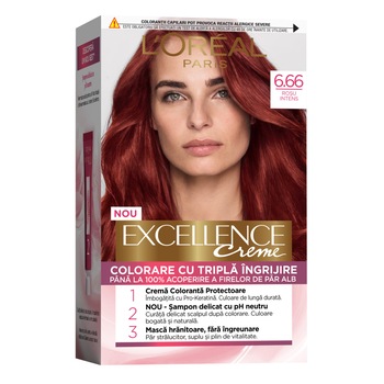 Vopsea de par permanenta cu amoniac L'Oreal Paris Excellence Creme 6.66 Rosu Intens, 192 ml Vopsea de par permanenta cu amoniac L'Oreal Paris Excellence Creme 6.66 Rosu Intens, 192 ml