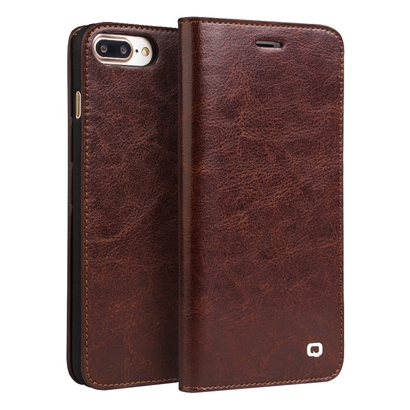 Husa iPhone 7 Plus / iPhone 8 Plus, Qialino Classic Wallet, din piele fina tip carte, cu buzunare carduri si bani, culoare Maro coffee