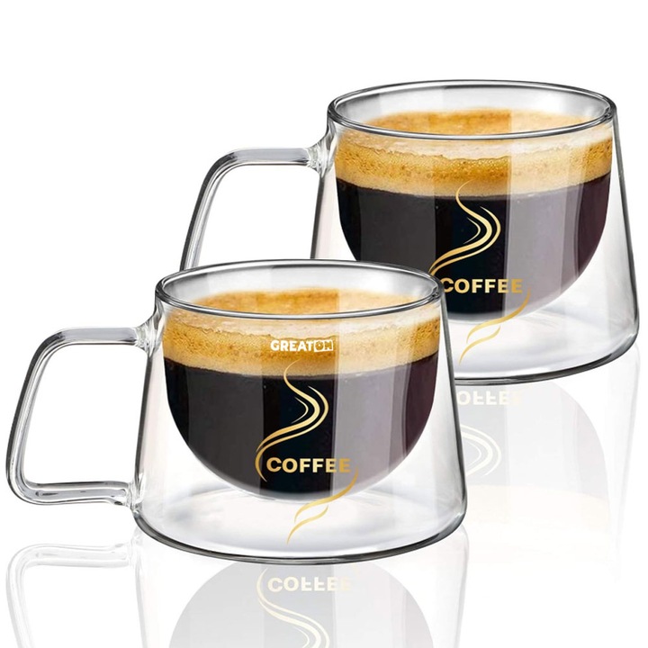 Комплект от 2 x Топлоустойчива стъклена чаша GREATON, модел за кафе, поддържаща температура, двойни стени, ергономична дръжка, модерен дизайн, идеална за чай, кафе, лате, капучино, 200 мл, прозрачна
