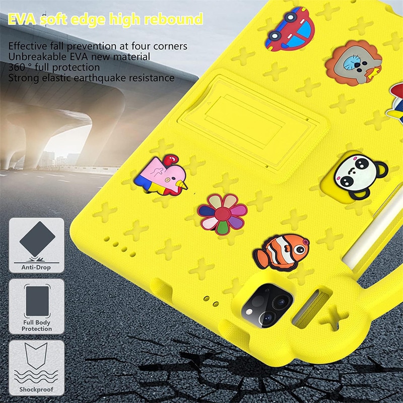 Husa pentru Lenovo Tab M11 11″，Husa de protectie pentru tableta, Fudissen®, Pentru Lenovo Tab M11, Xiaoxin Pad 11 2024, galben, model de desene animate, cu suport reglabil, acoperire completa