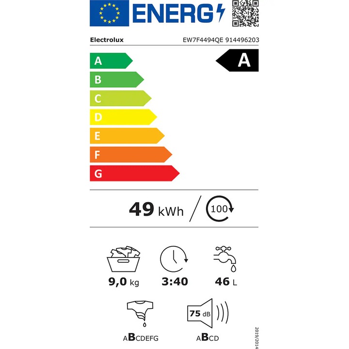 Masina de Spalat Rufe Frontala ELECTROLUX SteamCare 700 EW7F4494QE, 9 kg, 1400rpm, Clasa A, Wi-Fi, Alb