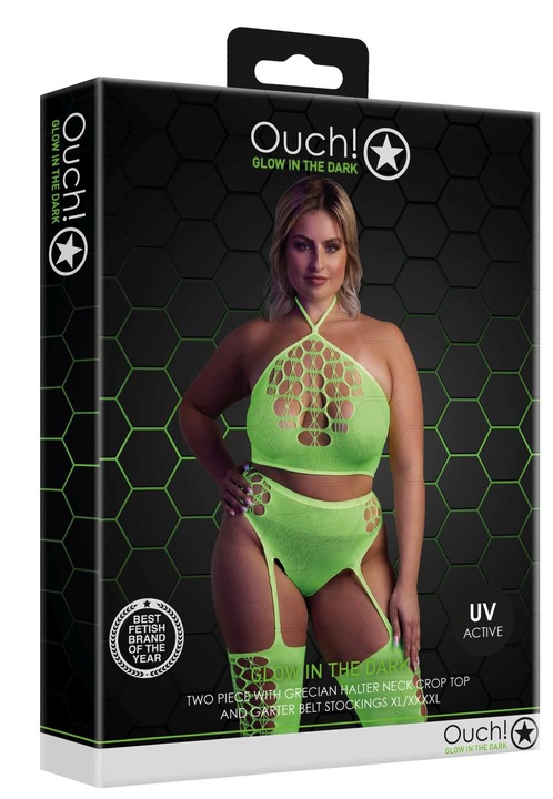 Szexi fehérnemű, Ouch!, szett crop toppal és harisnyával, XL/XXXXL