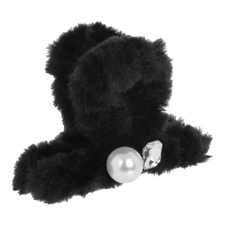 Fekete műszőrme hajcsat fehér gyönggyel és kővel, nőknek, 9,5 cm