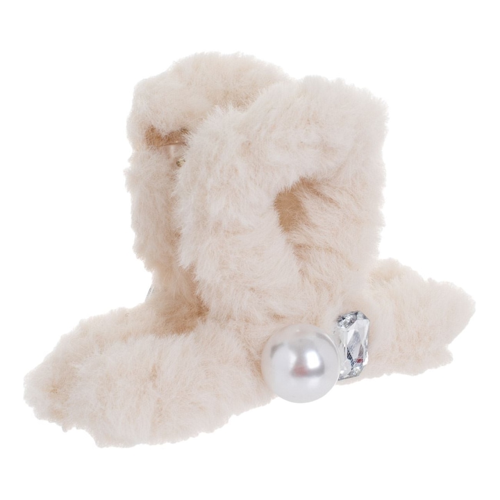 Női hajcsat ekrü műszőrmével, fehér gyönggyel és kővel 9.5cm
