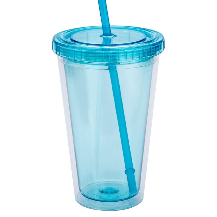 Pahar din Plastic cu Capac si Pai Turcoaz 500ml