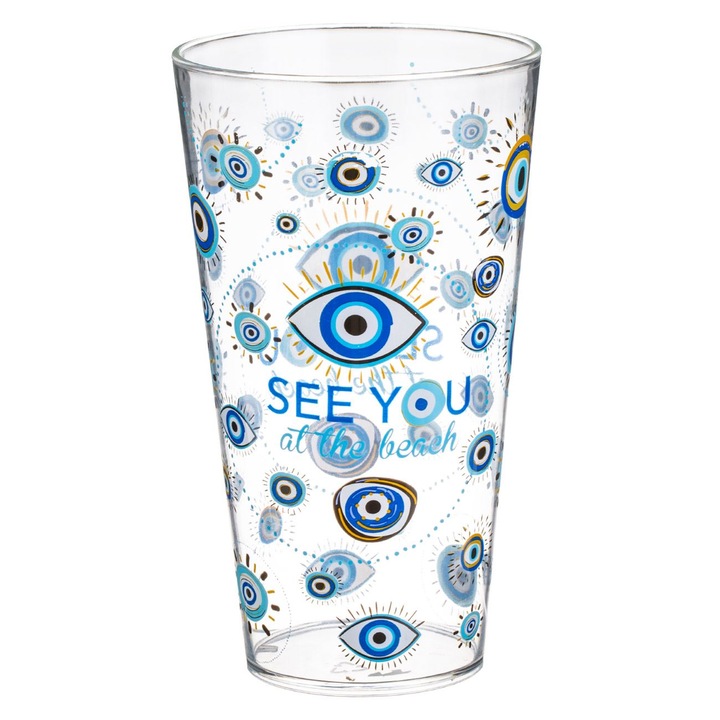 Прозрачна пластмасова чаша с щампа на очи "ще се видим на плажа" 600 мл