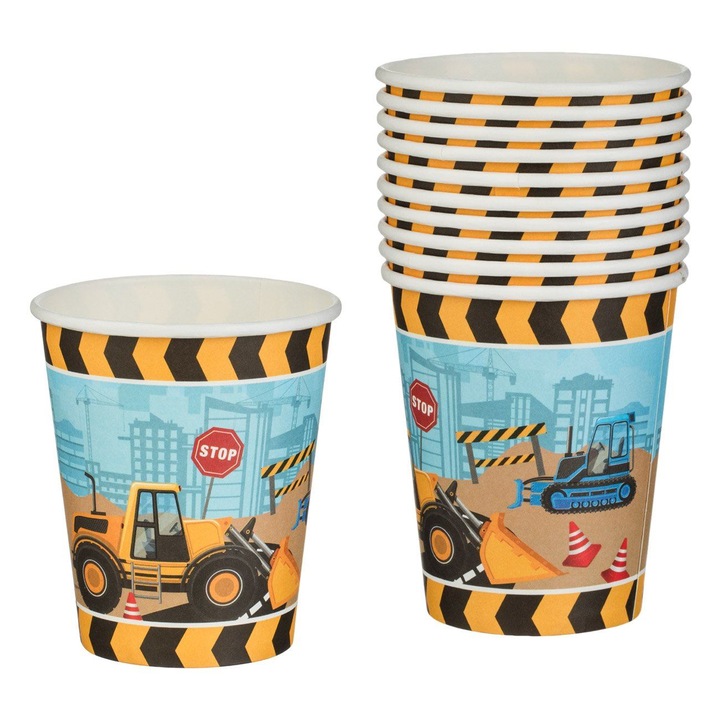 Pahare din Carton de Petrecere Bleu Galbene Vehicule de Santier 240ml - 10buc