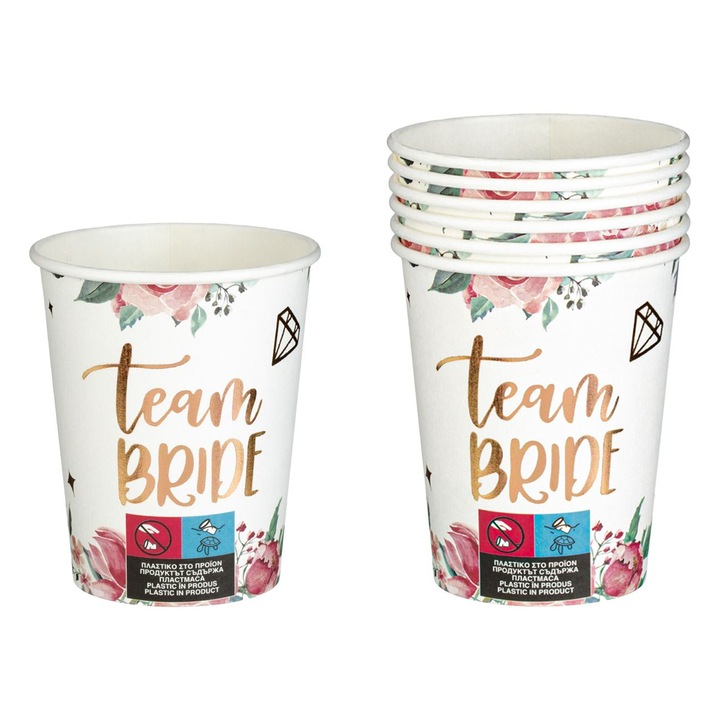 Бели картонени чаши с розово златно фолио Цветя Team Bride 240мл - 6бр