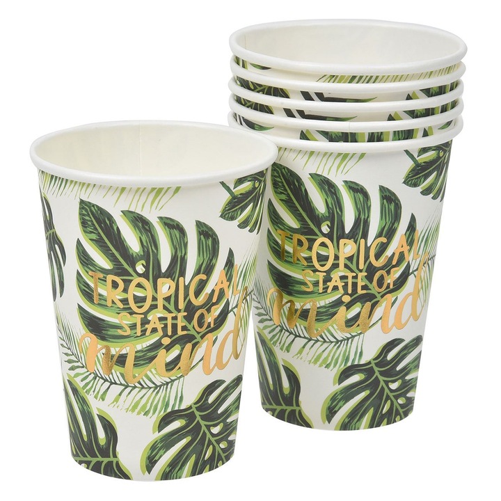 Green Tropical Leaves Gold Foil Party kartonpoharak 270ml - 6db