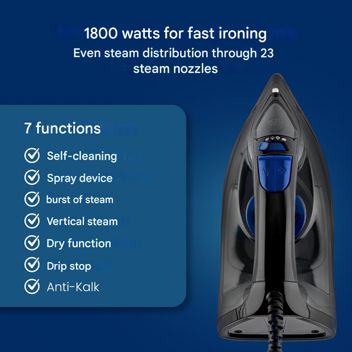 Fier de calcat Clatronic, calcare pe orizontala, talpa din otel inoxidabil, 7 functii, filtru anticalcar, functie autocuratare, 3 niveluri de aburi, control temperatura, ideal pentru toate tipurile de material, negru