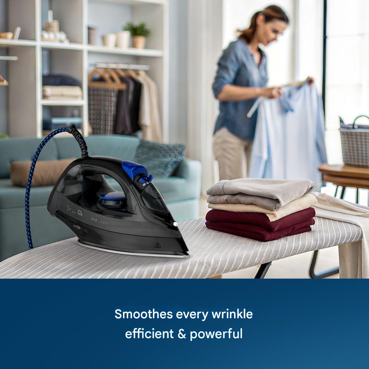 Fier de calcat Clatronic, calcare pe orizontala, talpa din otel inoxidabil, 7 functii, filtru anticalcar, functie autocuratare, 3 niveluri de aburi, control temperatura, ideal pentru toate tipurile de material, negru