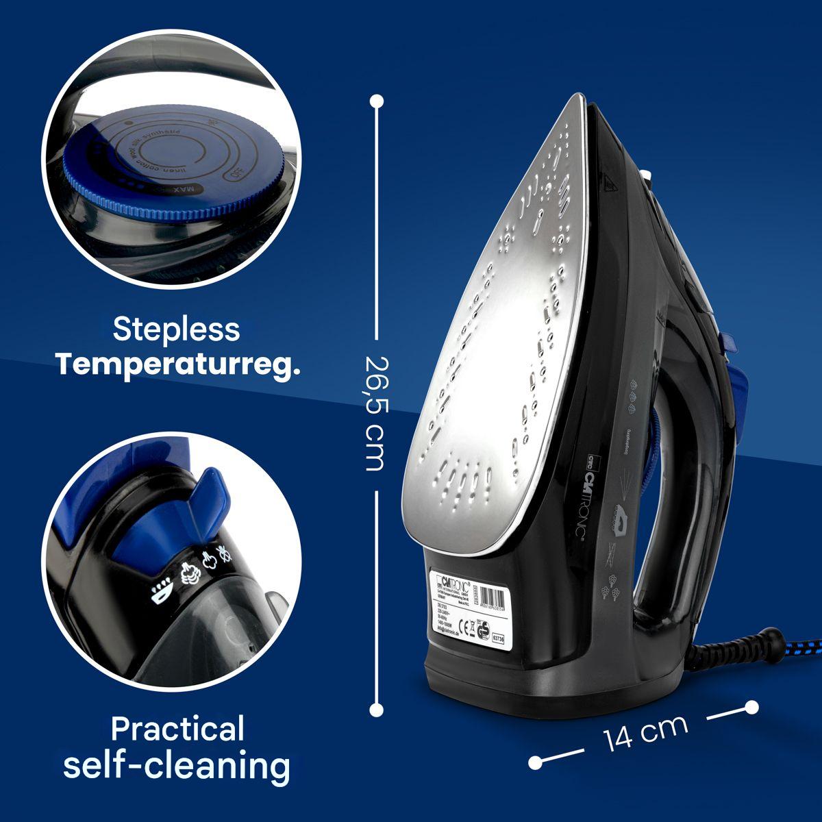 Fier de calcat Clatronic, calcare pe orizontala, talpa din otel inoxidabil, 7 functii, filtru anticalcar, functie autocuratare, 3 niveluri de aburi, control temperatura, ideal pentru toate tipurile de material, negru