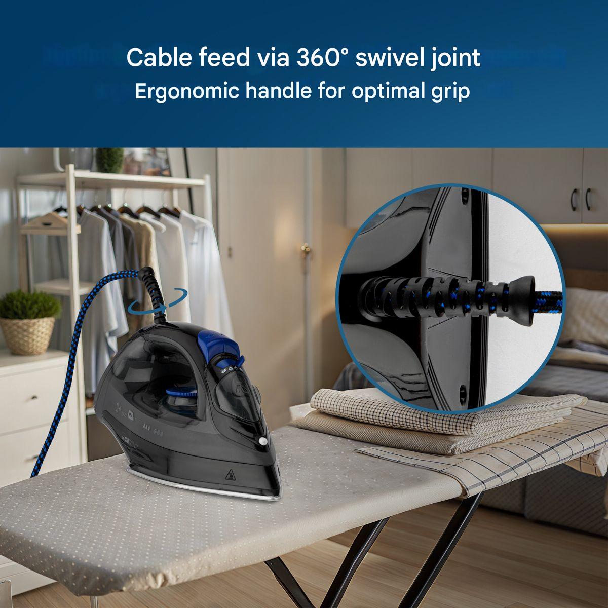 Fier de calcat Clatronic, calcare pe orizontala, talpa din otel inoxidabil, 7 functii, filtru anticalcar, functie autocuratare, 3 niveluri de aburi, control temperatura, ideal pentru toate tipurile de material, negru