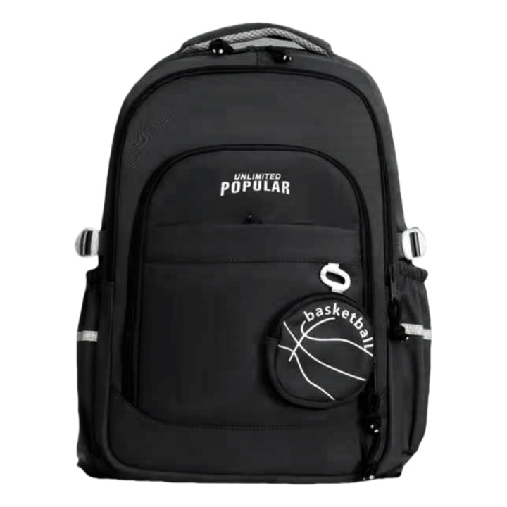 Ghiozdan/Rucsac pentru scoala sau calatorii, cu atasare la troler, model Baschet, ZY-055, negru, 46 x 32 x 18 cm