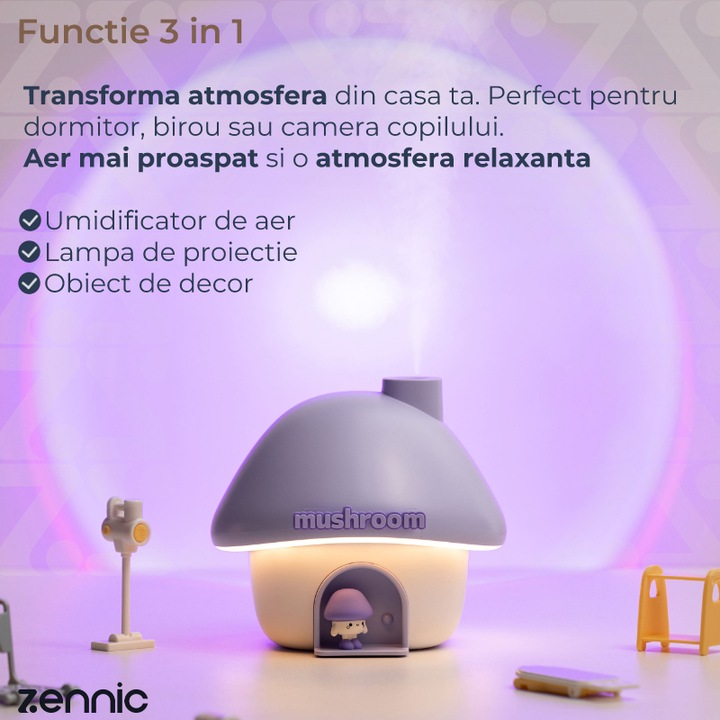 Umidificator de aer 3 in 1 Ultrasonic Zennic® Mushroom Pentru Camera Celui Mic, Proiector Lumini tip Sunset lamp, cu Lampa de Veghe, Design Atractiv