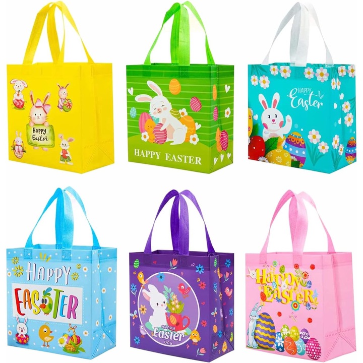 Set de 6 pungi din material netesut pentru Paste, pungi pentru vanatoarea de oua cu manere, pungi de cadou impermeabile si reutilizabile, 20X21 Cm