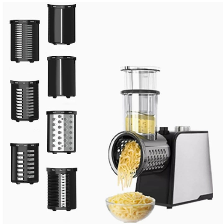 Razatoare electrica, Rqiurpn, putere maxima 400W, 7 lame, inox, rosu/argintiu, pentru branza, fructe si legume