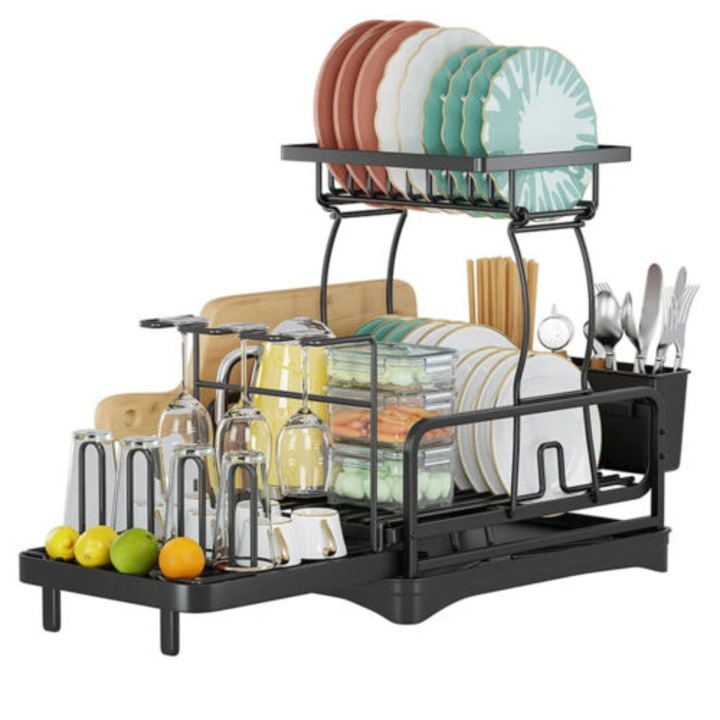 ZREE Scurgator automat cu doua niveluri pentru scurgatoare de vase, Scurgator pentru tacamuri, pahare si pahare, 44 x 31,5 x 14 cm, Negru