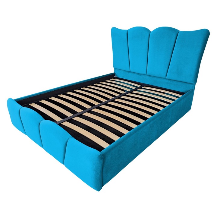 Pat tapitat Serena,160x200cm, somiera metalica rabatabila, spatiu depozitare, albastru azur