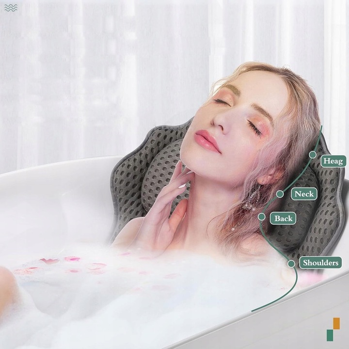 Възглавница за баня с вендузи, Zree, ергономична, неплъзгаща се, сива