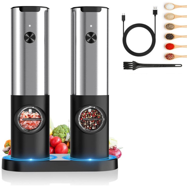 Set 2 Rasnite electrice sare piper si alte condimente, ZREE, Capacitate 70ml, Control pentru finetea macinarii, Aluminiu, Stand pentru incarcare, Lumina LED, Grosime reglabila
