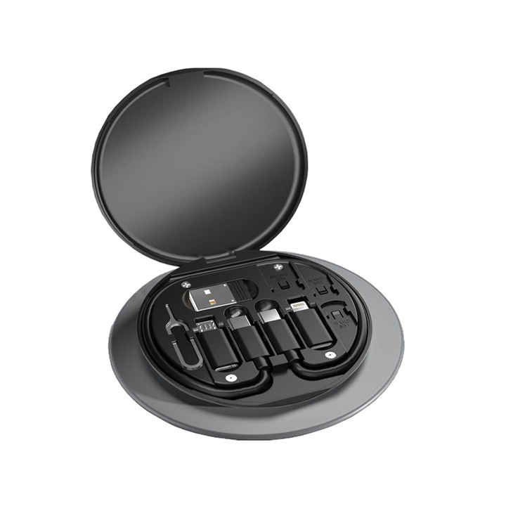 VarioShop® USB-USB-C adapter, 60 W, több OTG adapter, kompatibilis USB Type C/USB A/USB kábel/Micro USB/Lightning, SIM kihúzóval/SIM foglalattal/telefontartóval felszerelt, Fekete