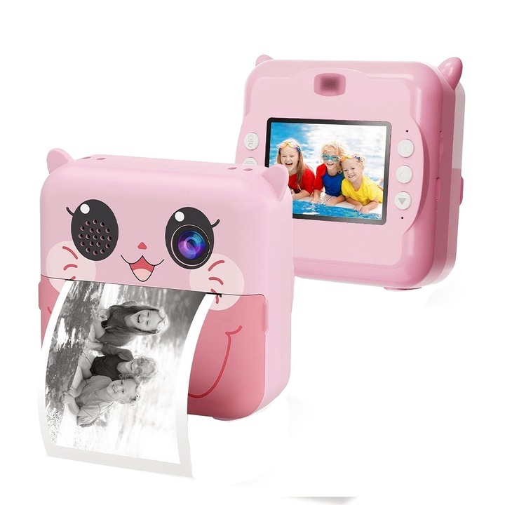 Full HD камера за деца, С функция за печат, 20 мегапиксела, Двойна предна и задна камера, 2 инча LCD екран, 1 ролка включена, 1080p, Поддържащ кабел, Orber, Розов