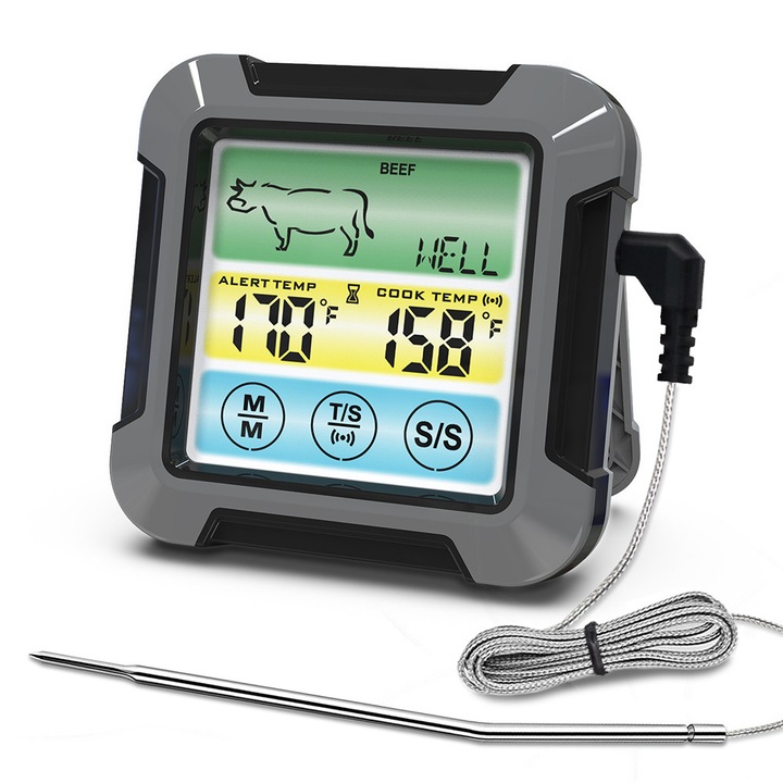 Termometru digital de cuptor pentru bucatarie/uz alimentar, sonda din otel inoxidabil, afisaj LCD, potrivit pentru gatitul in bucatarie si masurarea temperaturii carnii, gri