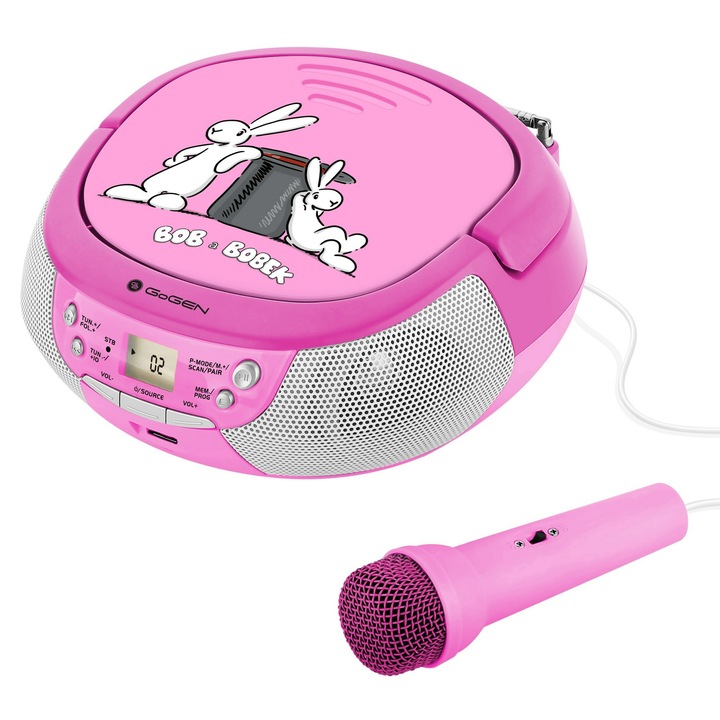 Детско CD радио GoGEN BOB AND BOBEK, 2 x 0.8 W, Bluetooth, караоке, микрофон, MP 3, USB, AUX in, розово