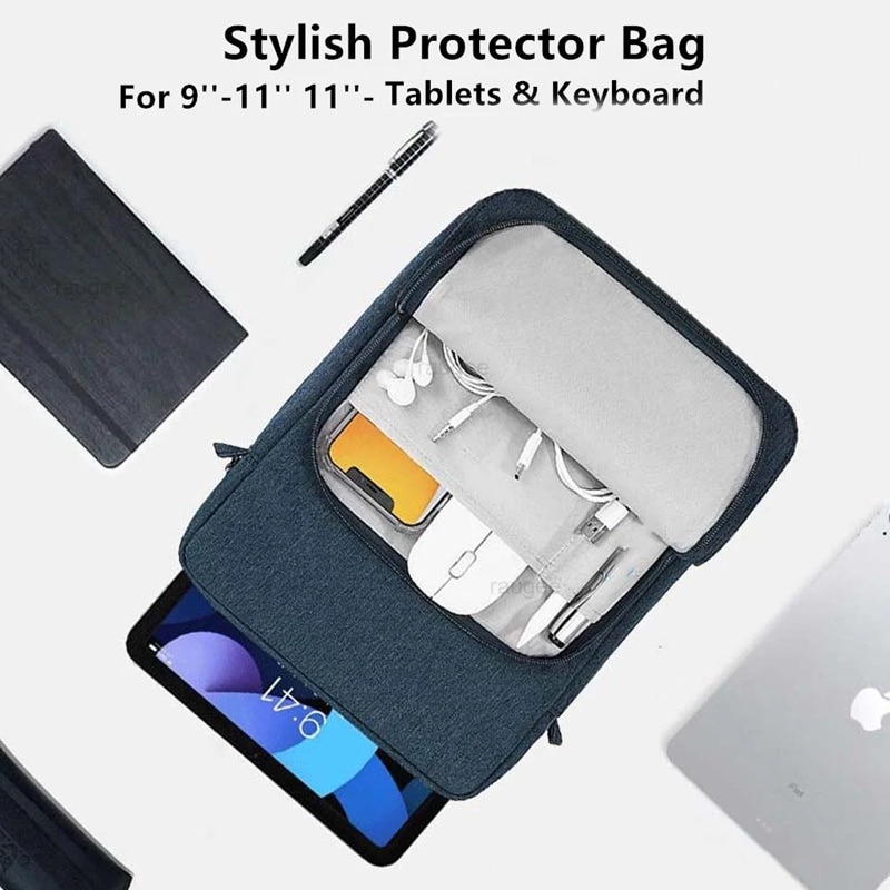 Geanta pentru tablete，Husa tableta, Fudisenn®，9-11 inch, Comaptibil cu iPad Pro M4/iPad Air M2 2024，Samsung, Lenovo, Huawei, cu manere si curea de umar，Tesatura rezistenta la apa, cu fermoar cu filet personalizat, extractor din metal，albastru，31x25×6cm