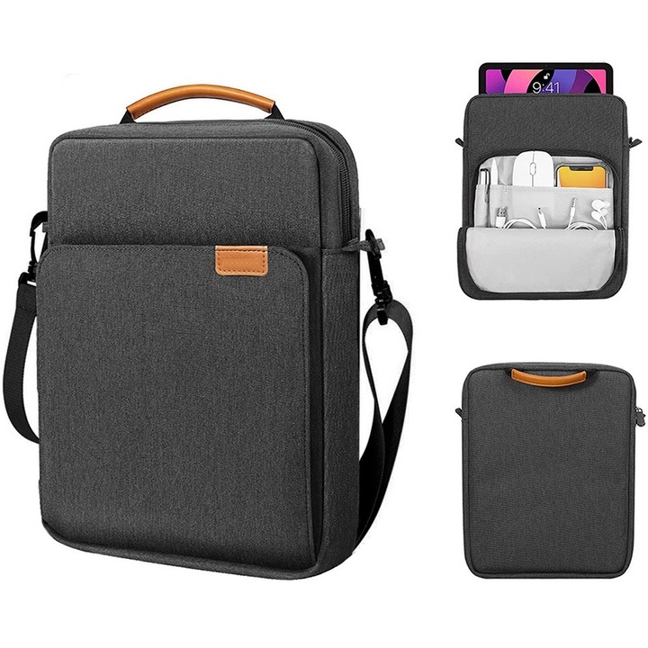 Geanta pentru tablete，Husa tableta, Fudisenn®，9-11 inch, Comaptibil cu iPad Pro M4/iPad Air M2 2024，Samsung, Lenovo, Huawei, cu manere si curea de umar，Tesatura rezistenta la apa, cu fermoar cu filet personalizat, extractor din metal，neagra/gri，31x25x6cm