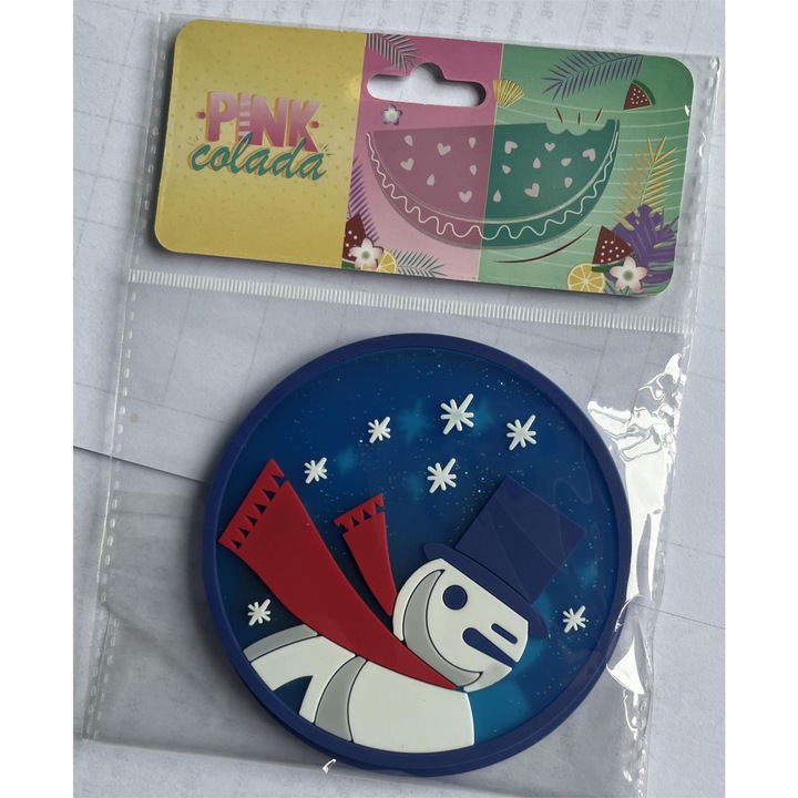 Suport pentru Pahar, Model Om de Zapada, PVC, Diametru 10 cm, Albastru