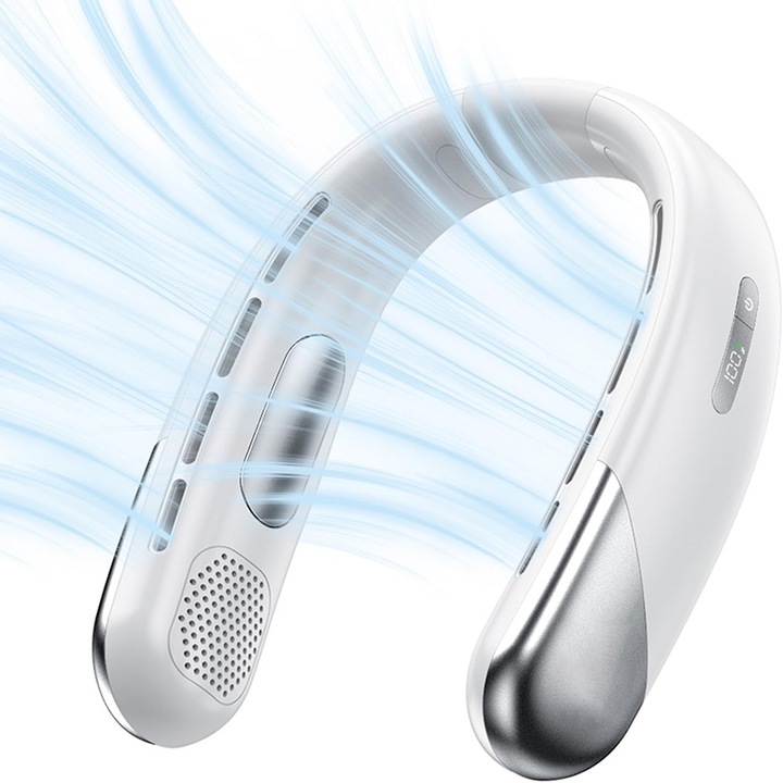 Hordozható nyakventilátor, BOMSTOM, 5 sebességfokozat, 360°-os hűtés, fehér, 233 g