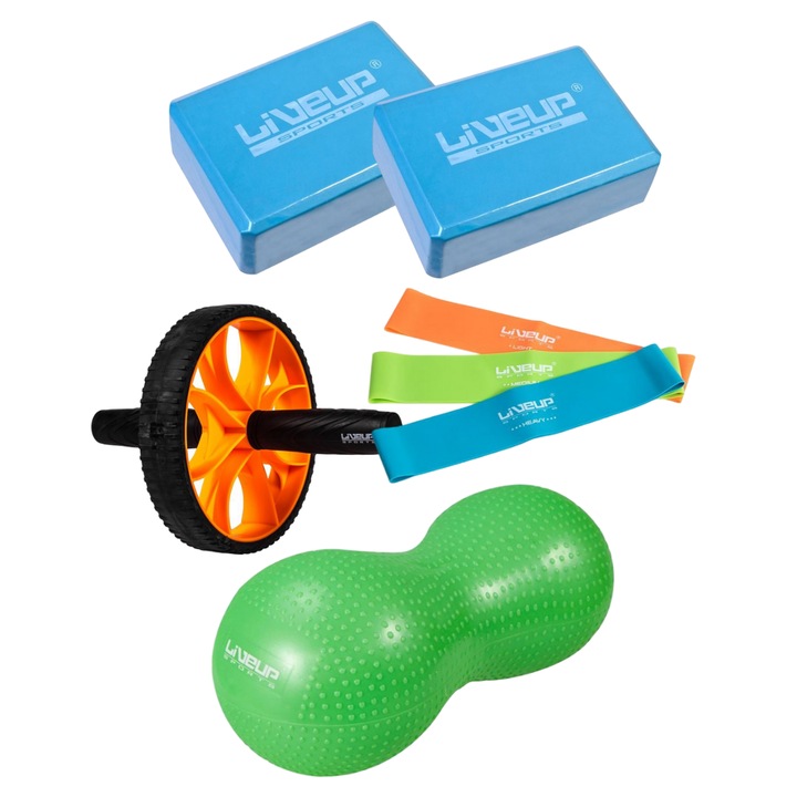 Teljes otthoni jóga, torna és pilates készlet kezdőknek – Mogyorólabda, 3 gumiszalag, 2 jógatégla és hasi kerék – edzés, alakformálás és helyreállítás