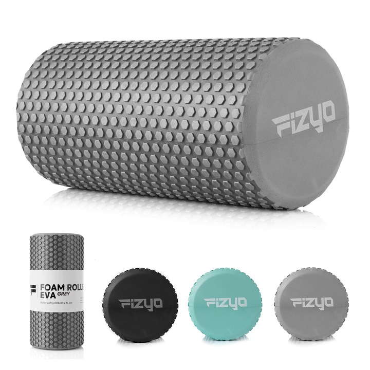 Rola pentru Masaj Fizyo, 30 x 15 cm, din Spuma EVA, pentru Pilates, Fitness, Antrenament Miofascial, Relaxarea Muschilor si Reducerea Durerii, Gri