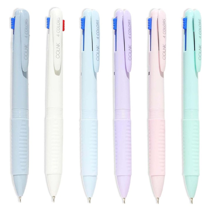 Set de 6 pixuri cu bila, TREXORA, 4 culori de cerneala, grip moale, 0.5mm