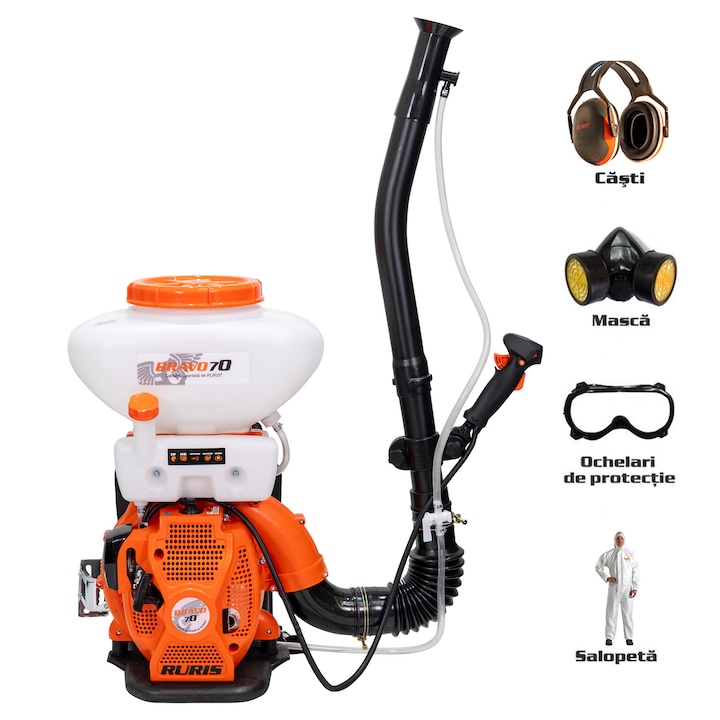 Atomizor pe benzina cu pompa booster Ruris Bravo 70, putere 3 CP, 44 CC,pompa booster, 2 timpi, 16 l rezervor solutie, 4 trepte pulverizare, stropire verticala 10 m, stropire orizontala 12 m + kit protectie