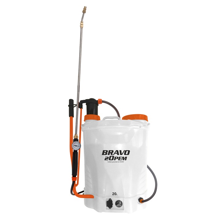 Pompa de stropit cu presiune pe acumulator si actionare manuala RURIS Bravo 20PEM, acumulator 12 V 8 Ah, rezervor tip rucsac 20 L, presiune motor 5.5 bar, presiune lucru 0.2 - 0.4 Mpa, lance metalica telescopica, manometru