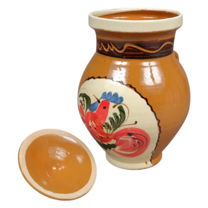 Ulcior din Lut cu Capac, Pictat Manual, 2 L