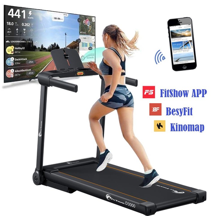 Banda de alergare electrica FitTronic Delta 3000, motor 2.0 CP, greutate suportata 120kg, viteza pana la 14km/h, suprafata alergare 120x42cm,, Aplicatii Zwift, Kinomap, Besyfit
