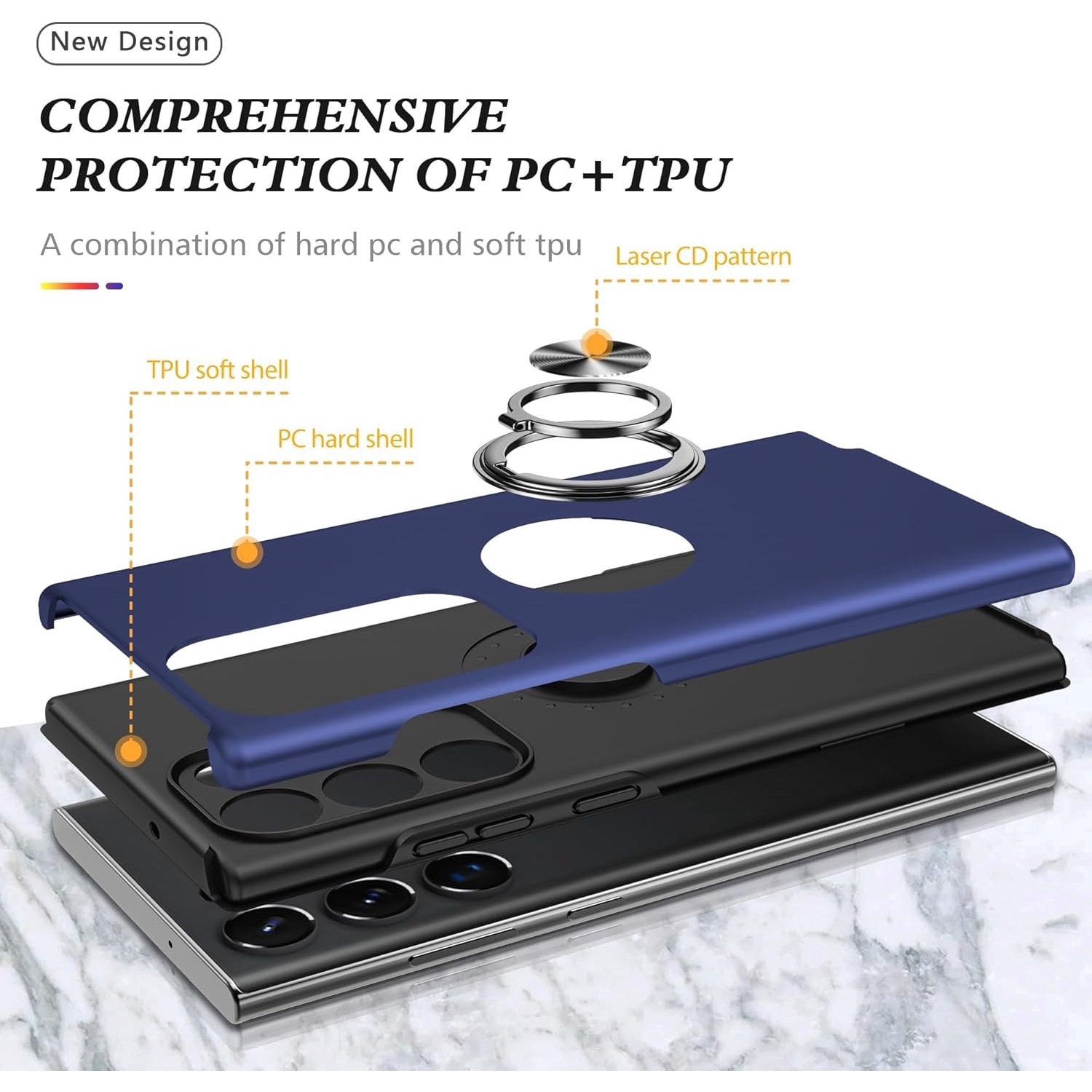 Husa de protectie pentru Samsung Galaxy S23 Ultra, Hybrid Antisoc, Kickstand, Bumper inel rotativ 360, Blue