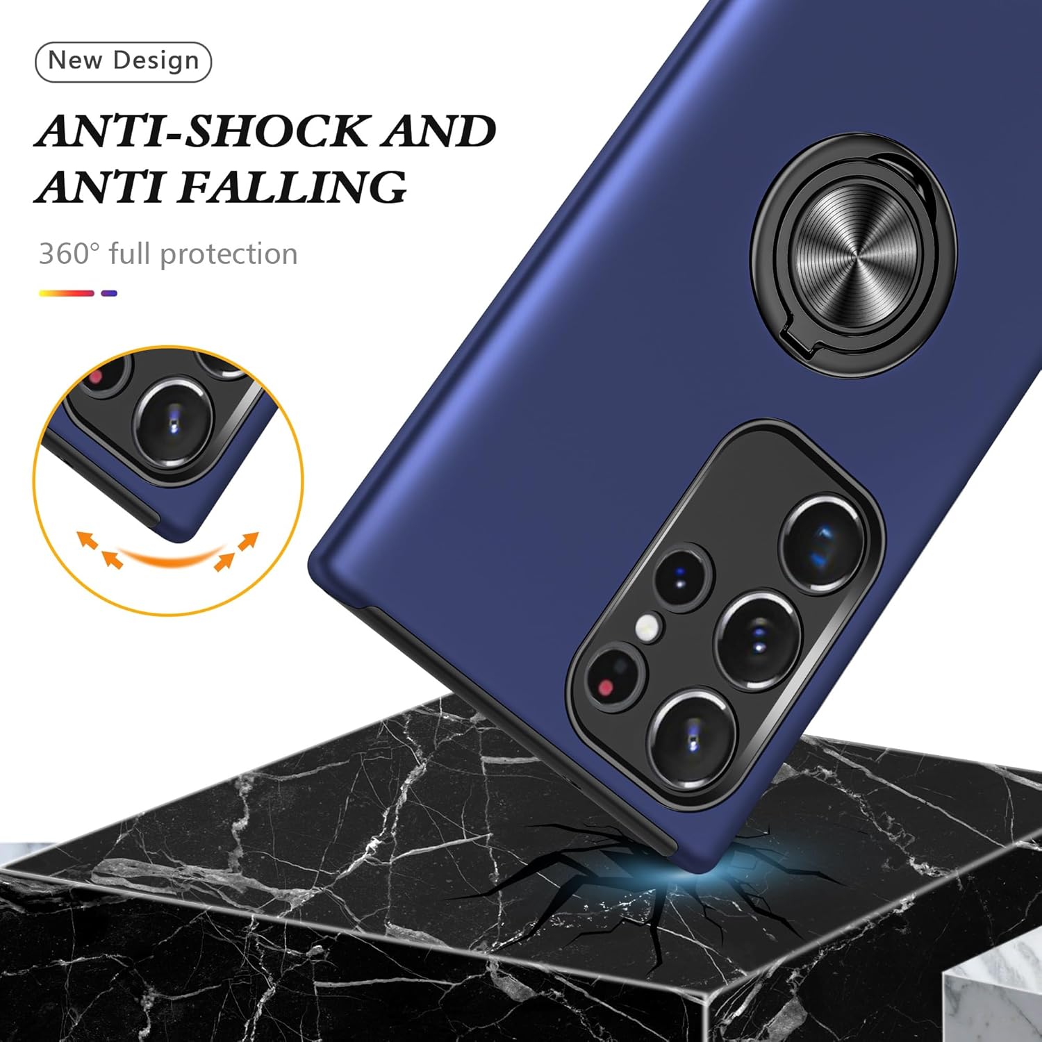 Husa de protectie pentru Samsung Galaxy S23 Ultra, Hybrid Antisoc, Kickstand, Bumper inel rotativ 360, Blue
